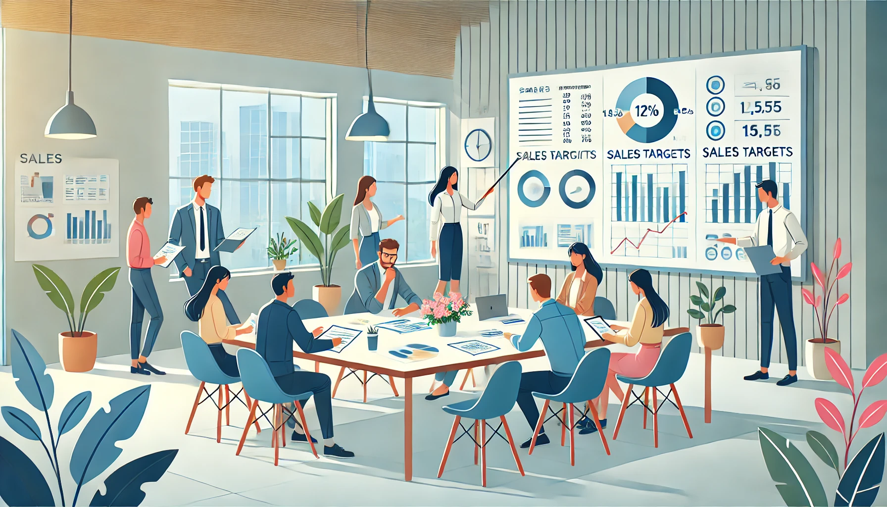 This illustration depicts a collaborative sales team meeting in a modern, professional office. A group of salespeople is gathered around a table, actively discussing strategies while reviewing charts, graphs, and documents spread across the table. One team member is standing by a whiteboard, pointing to key metrics and sales targets displayed in colorful graphs and diagrams. The office is bright and welcoming, with large windows allowing natural light to illuminate the space. Decorative plants, shelves filled with books, and neatly organized office supplies create an inspiring and productive atmosphere. The illustration uses a clean, flat design style with soft colors and simple lines, emphasizing teamwork, organization, and goal-setting within a sales environment. 