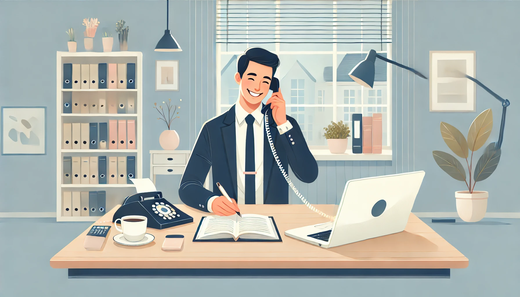 This illustration shows a salesperson sitting at their desk in a modern, well-organized office. The salesperson is smiling while speaking on the phone, taking notes in a notebook, and using a laptop. The desk is neatly arranged with office supplies, a coffee cup, and a potted plant, emphasizing productivity and focus. The background features shelves filled with books and decorative plants, along with large windows that let in plenty of natural light, creating a bright and welcoming environment. Rendered in a clean, flat design style with soft colors and simple lines, the illustration highlights a professional yet approachable atmosphere, ideal for portraying daily activities in a sales role.