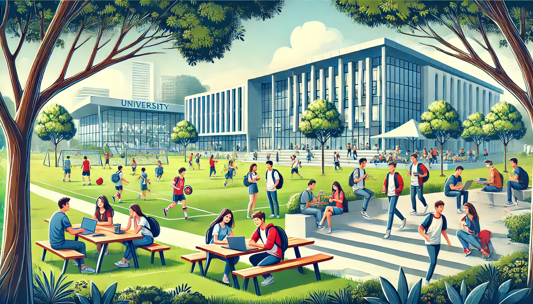 This illustration shows a vibrant university campus with students engaged in various activities. Some are studying under trees, others are chatting in groups, while a sports team practices on a nearby field. The modern campus buildings and library in the background are surrounded by lush greenery, creating an inviting and energetic atmosphere that highlights the excitement and opportunities of university life.