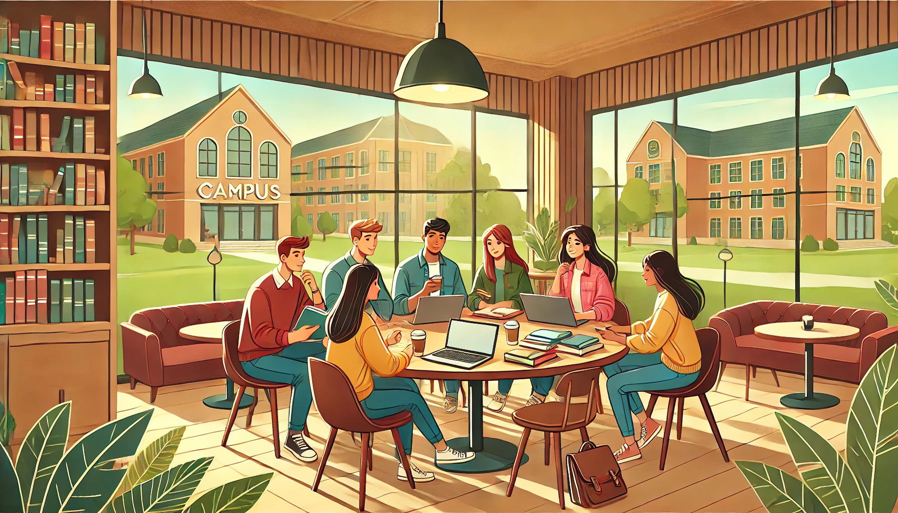 This illustration captures a group of diverse university students collaborating in a cozy campus café. They are discussing ideas over notebooks and laptops, with coffee cups on the table. The café’s warm, modern design features large windows that provide a view of the green campus lawn, symbolizing a productive and creative university environment.