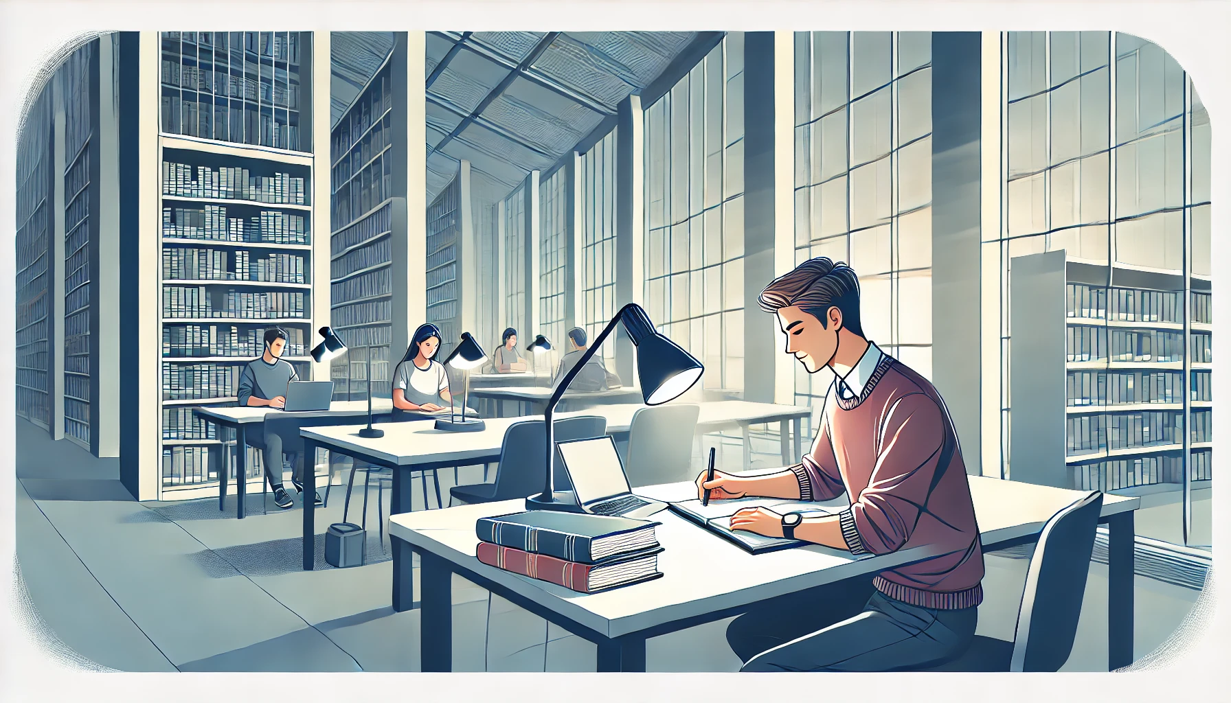 This illustration portrays a university student deeply immersed in studying at a modern library. The desk is filled with books and a laptop, illuminated by a soft lamp. The tall bookshelves and large windows, letting in natural light, create an inspiring and serene atmosphere. In the background, other students are seen working quietly, reflecting the academic focus and dedication of university life.