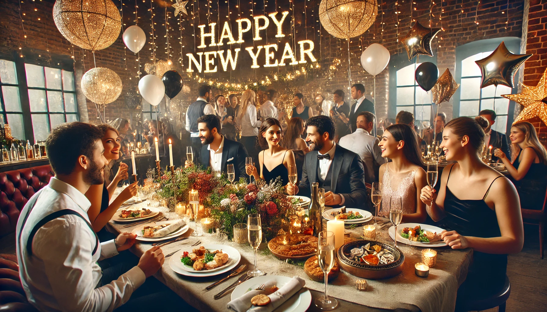 A cozy living room where a small group of friends is enjoying a casual New Year party. The room is decorated with string lights, a small Christmas tree, and a “Happy New Year” banner, creating a warm and relaxed atmosphere. Snacks and drinks are spread on the coffee table as the group laughs and chats. However, one person is standing near the edge of the room, looking at their phone and avoiding eye contact, appearing uninterested or detached from the celebration.