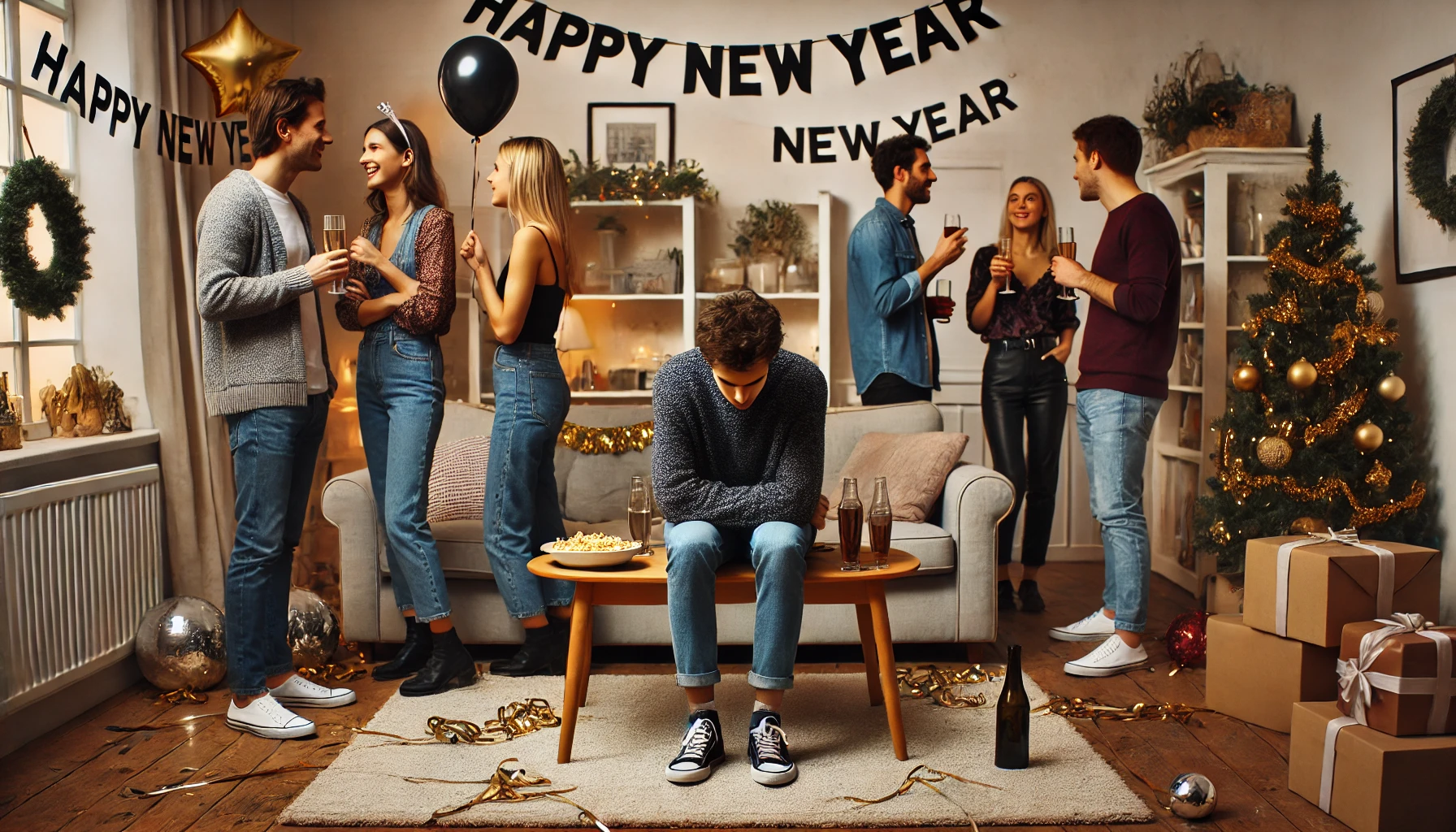 A modern office environment where coworkers are gathered around a table celebrating the New Year. They are raising glasses for a toast, surrounded by festive decorations such as balloons, streamers, and a “Happy New Year” banner. The mood is cheerful and lively. However, one person appears slightly distanced from the group, sitting quietly and looking less engaged than the others, creating a subtle feeling of discomfort or hesitation.
