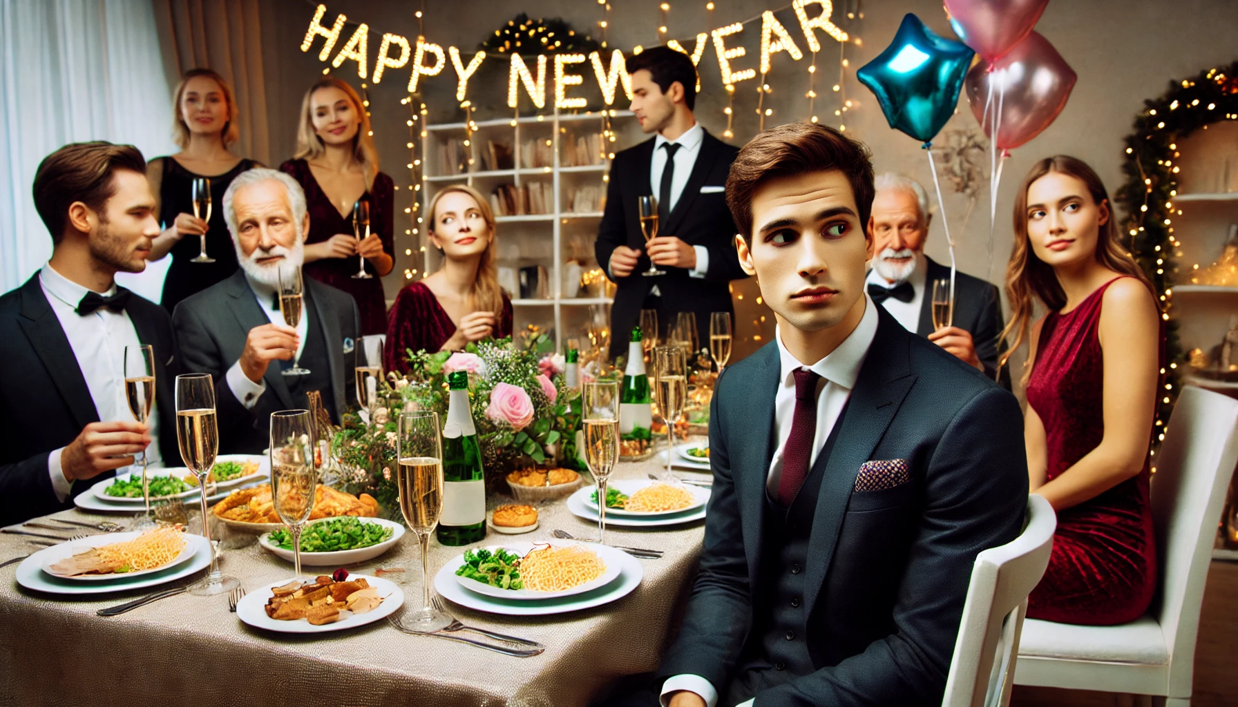 A formal New Year party taking place in a restaurant. Guests are elegantly dressed, sitting around a long table filled with food and drinks. The room is adorned with fairy lights, balloons, and a “Happy New Year” sign, adding a festive and celebratory feel. However, one person at the table looks distracted, gazing away from the group and appearing disinterested or uncomfortable, creating a subtle tension amid the cheerful setting.
