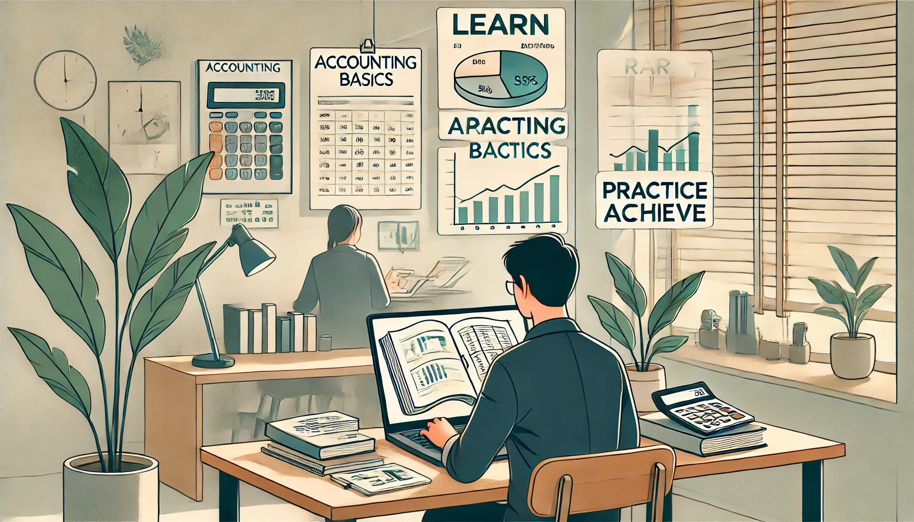 This illustration captures the process of transitioning to an accounting job without prior experience. A young professional is seated at a desk in a modern office, focused on studying accounting materials. The desk features a laptop displaying a spreadsheet, an open book titled "Accounting Basics," and a notebook filled with notes. A bulletin board in the background displays motivational phrases like "Learn, Practice, Achieve," emphasizing dedication and progress. The setting is professional and inspiring, with soft natural light creating a calm yet determined atmosphere.