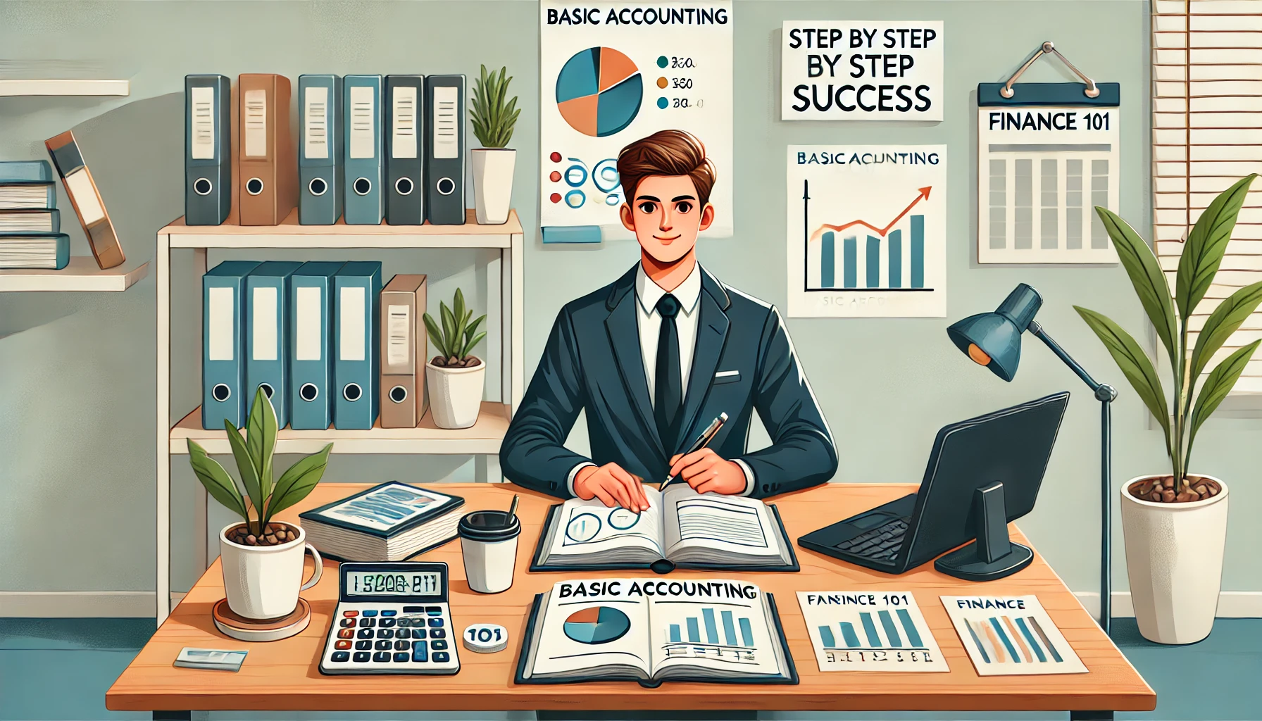 This illustration highlights the preparation phase for transitioning to an accounting career with no prior experience. A young professional works confidently at a well-organized desk in a bright office. The desk includes a calculator, an open textbook titled "Basic Accounting," and a laptop displaying a pie chart and financial data. A coffee cup adds a touch of realism to the scene. The background features bookshelves with titles like "Finance 101" and a motivational wall poster that reads "Step by Step to Success," emphasizing the importance of steady progress. The atmosphere is professional and uplifting, inspiring determination and focus.