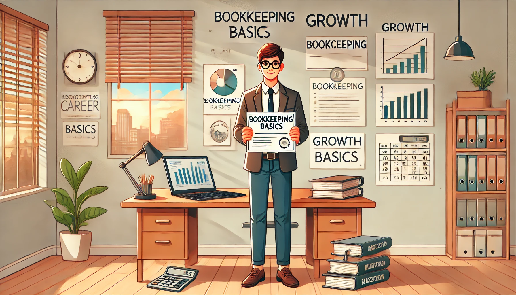 This illustration symbolizes the journey of starting an accounting career without prior experience. A young professional stands confidently next to a desk in a bright, welcoming office, holding a certificate labeled "Bookkeeping Basics." The desk features a laptop displaying a financial report, a calculator, and a stack of accounting books, reflecting their commitment to learning. The wall behind them showcases charts and motivational phrases like "Growth" and "Determination," creating a positive and encouraging atmosphere. Warm natural lighting enhances the sense of professionalism and readiness for a new career path.