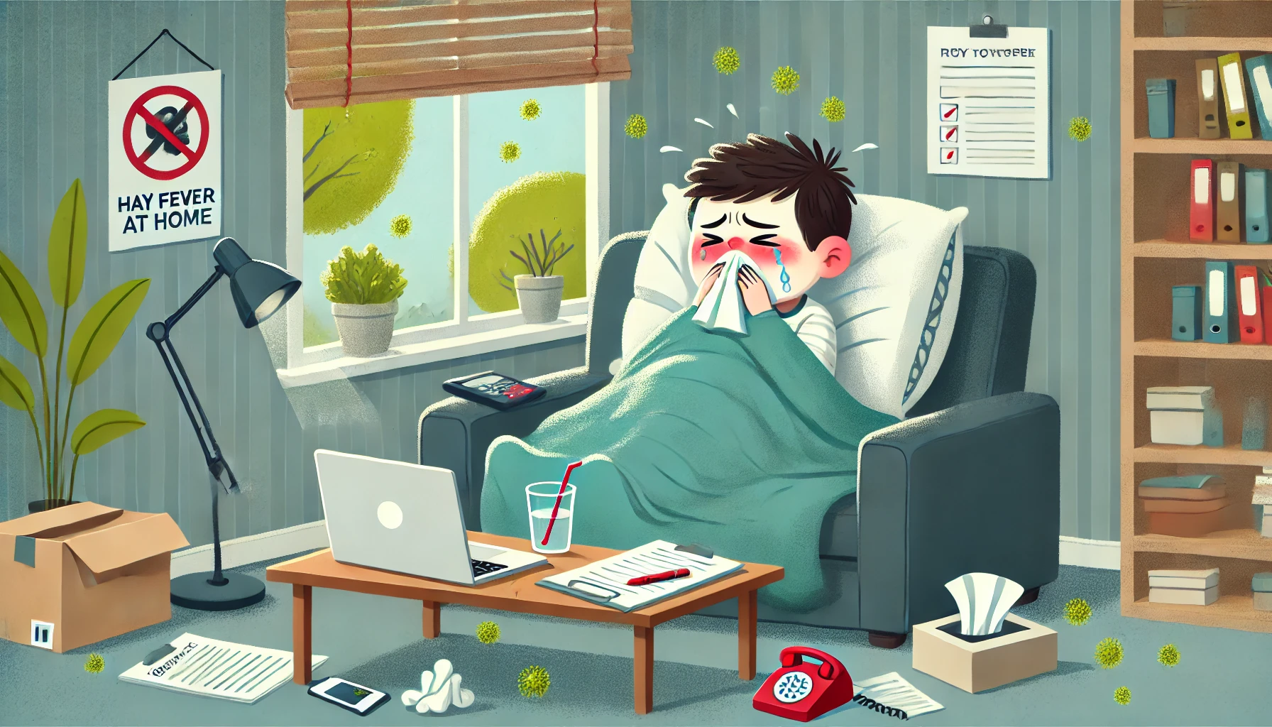 This illustration shows a person lying on a sofa, covered with a blanket, as they rest at home due to severe hay fever. Their nose is red, eyes are watery, and they are sneezing into a tissue. A work laptop and documents are on a nearby coffee table, suggesting they are missing work. A phone beside them indicates that they have informed their workplace about their condition. The background includes a window showing trees releasing pollen into the air, symbolizing the cause of their discomfort. The character appears exhausted, emphasizing the impact of allergies on daily life.