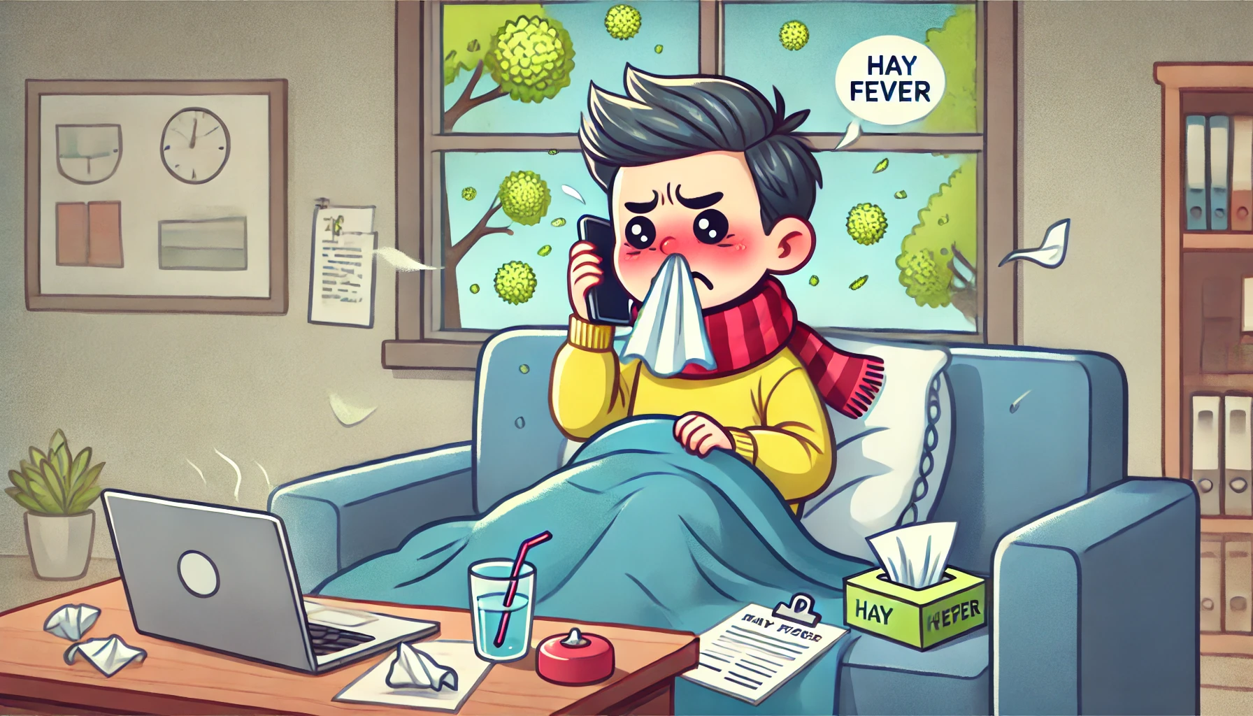 In this image, a person is sitting on a couch, wrapped in a blanket, and sneezing into a tissue. They are holding a phone, likely informing their workplace about their condition. Nearby, a work laptop and documents are left untouched, showing their inability to work. The background features a window with pollen floating in the air, reinforcing the reason for their illness. The character looks fatigued and unwell, portraying the inconvenience of taking a sick day due to hay fever.