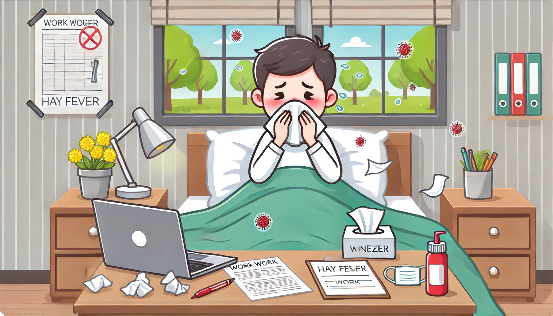 This illustration depicts a person lying in bed, suffering from hay fever. Their nose is red, eyes are watery, and they are sneezing into a tissue. A laptop and work documents are placed on a nearby table, indicating that they are unable to work. Through the window, trees can be seen releasing pollen into the air. The character appears tired and unwell, emphasizing the struggles of dealing with seasonal allergies while trying to work.