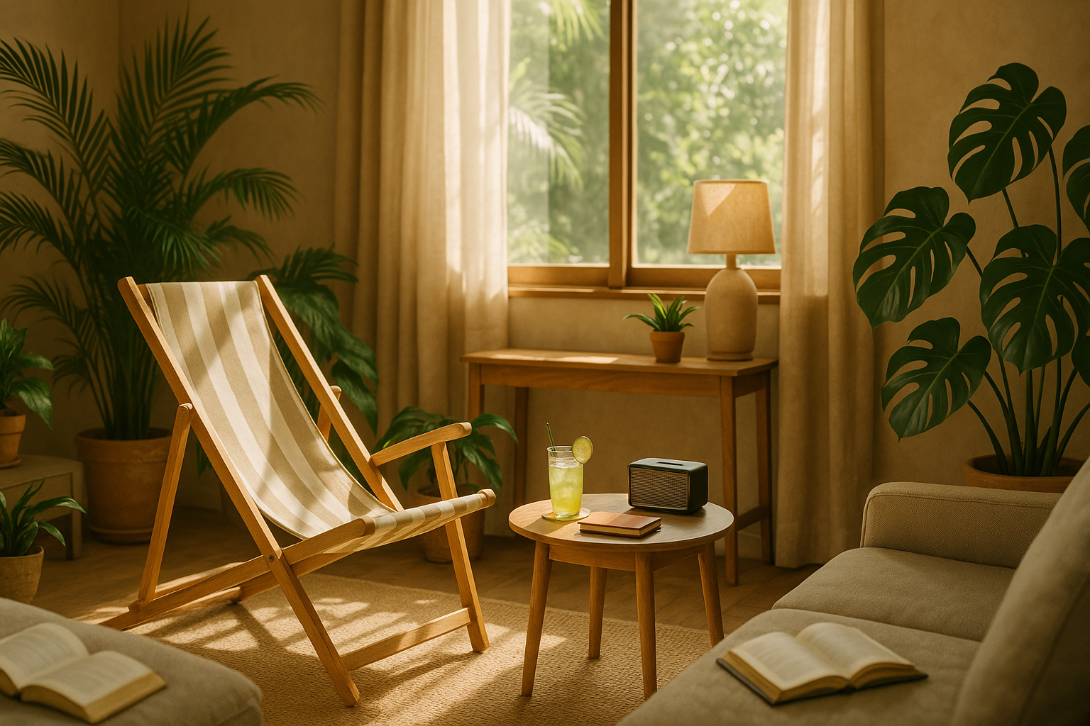 “Home Resort Vibes” – A peaceful living room scene with tropical elements A cozy room with a beach chair, green plants, a cool drink on the side table, and sunlight coming through the window. A book and relaxing background music set the mood.