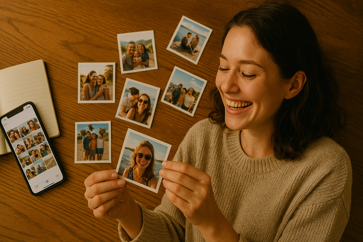 “Photo Memories” – Organizing smartphone pictures A flat-lay view of a smartphone, printed photos, and a notebook. Someone is sorting images, smiling while remembering happy moments.