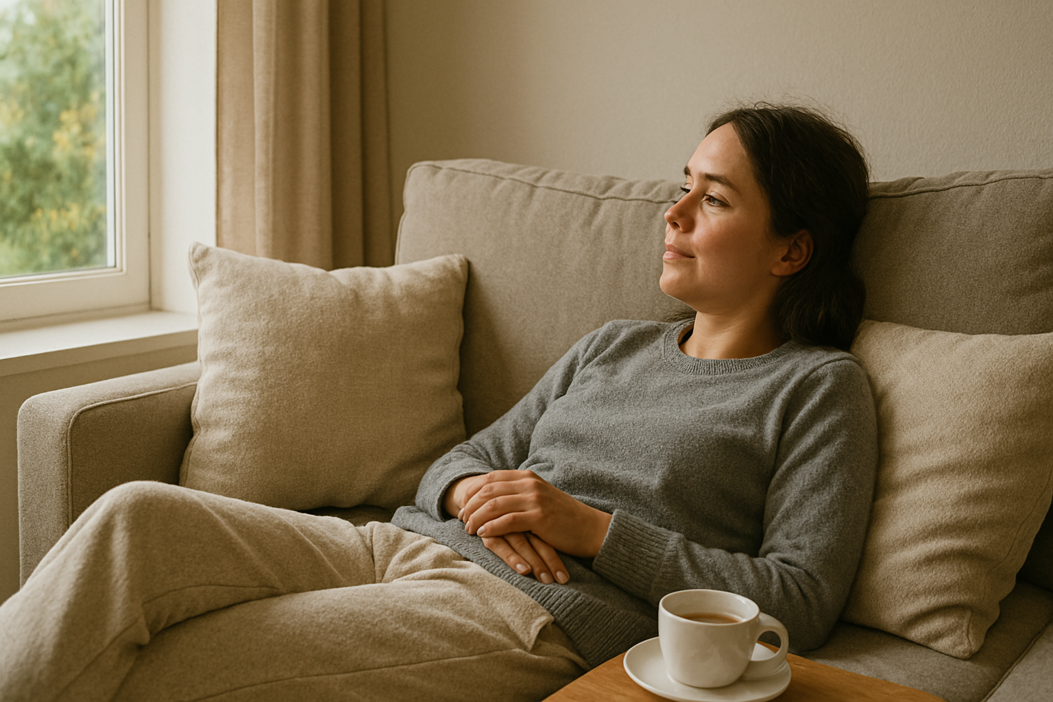 “Doing Nothing” – The art of relaxing A person lying on a sofa in comfy clothes, looking out the window with a cup of tea nearby. A sense of peace and stillness fills the scene.