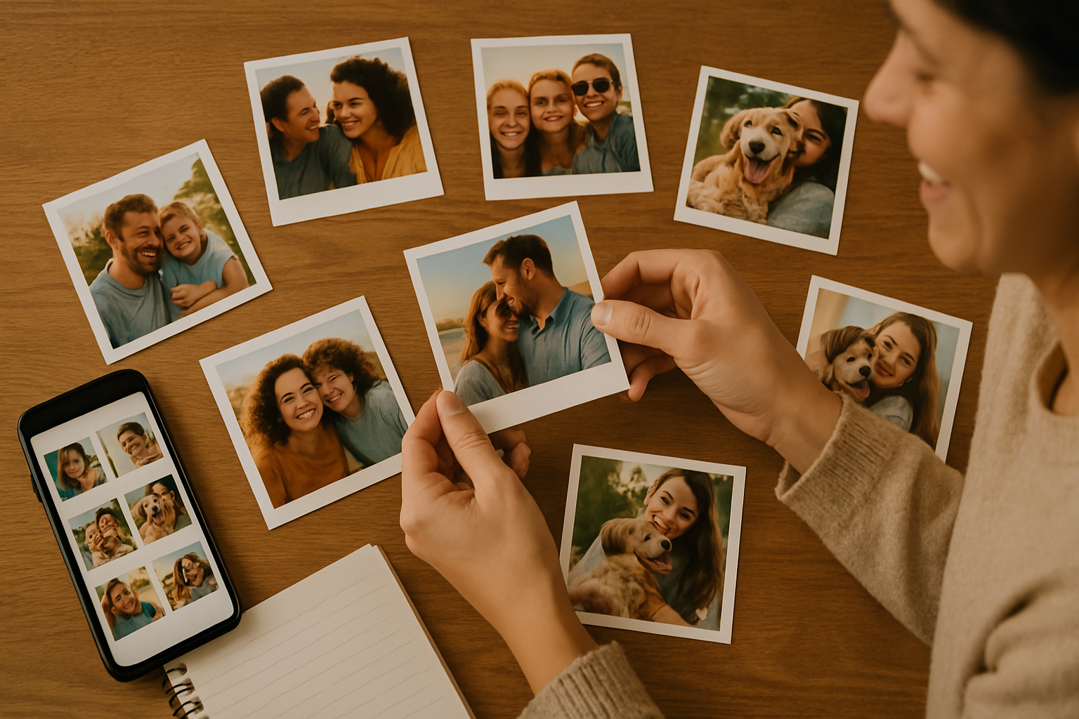 “Photo Memories” – Organizing smartphone pictures A flat-lay view of a smartphone, printed photos, and a notebook. Someone is sorting images, smiling while remembering happy moments. 
