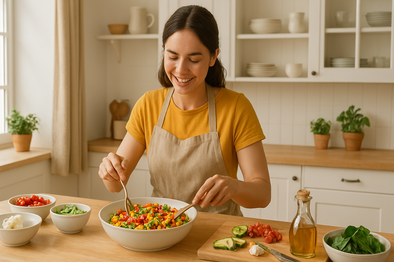 “Fun in the Kitchen” – Trying a new recipe A bright kitchen with someone preparing a colorful dish, smiling. Ingredients are neatly placed, and the atmosphere is homey and light-hearted.