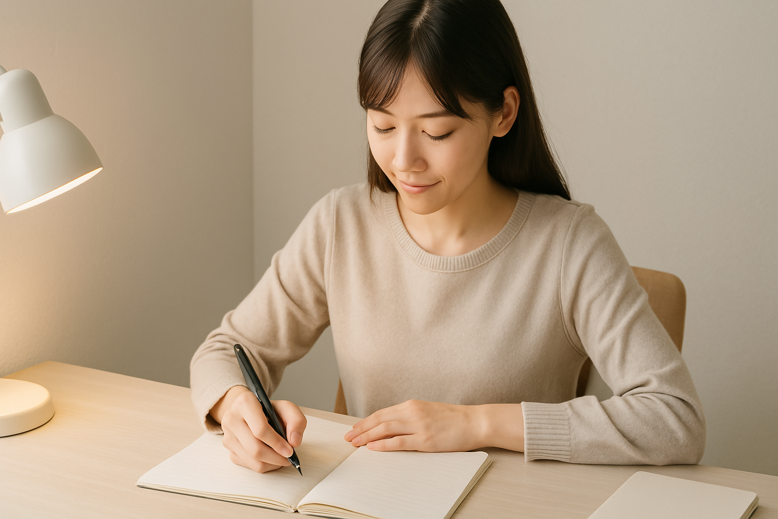 A young woman or student sitting at a clean desk, writing with a pen in good posture. The desk is well-lit with a small lamp, and the writing hand is relaxed, showing good pen grip and a peaceful mood.