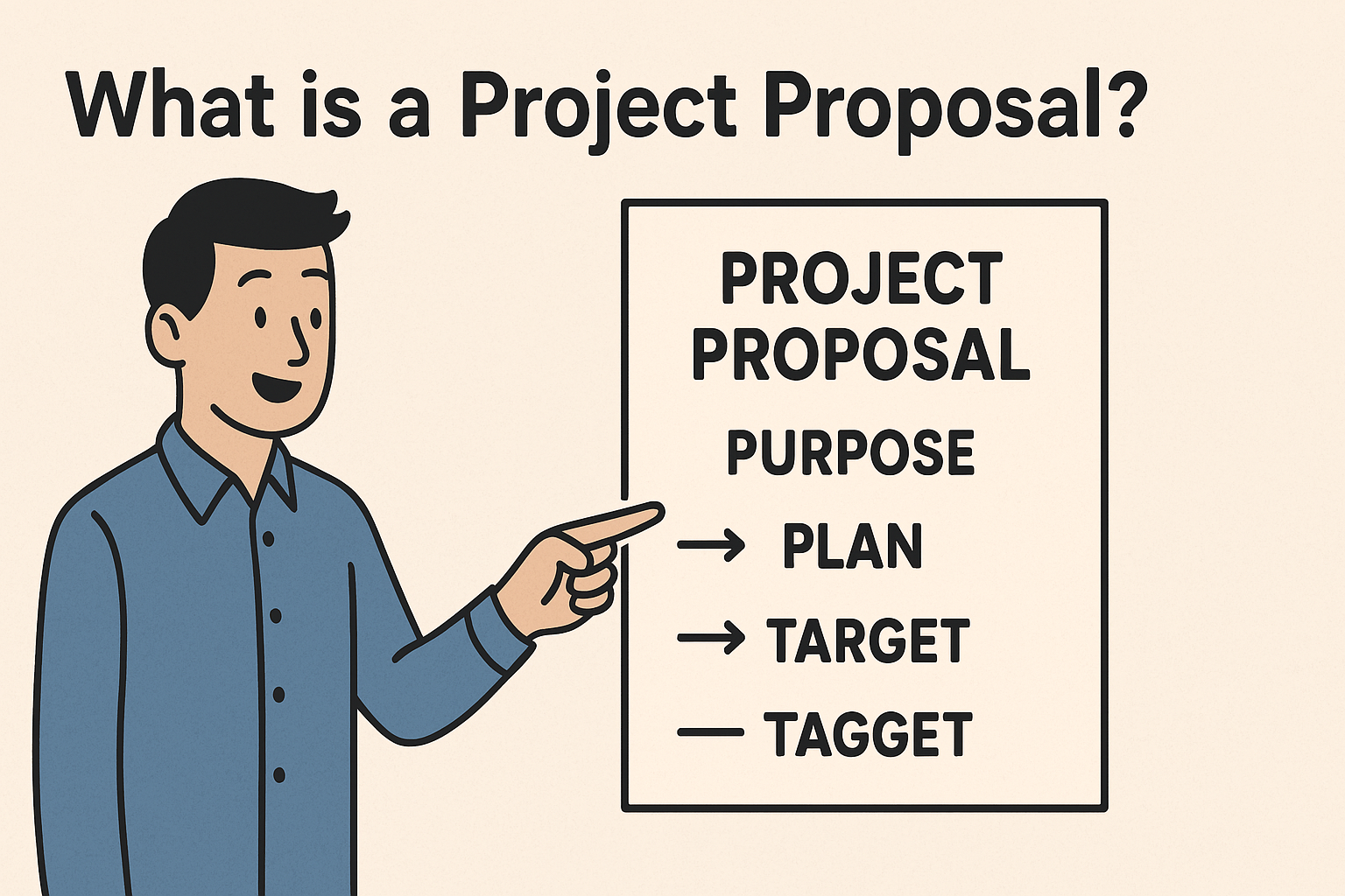 「What is a Project Proposal?」 Description: A simple visual showing a person presenting an idea using a document labeled “Project Proposal,” with arrows pointing to keywords like “Purpose,” “Plan,” and “Target.”