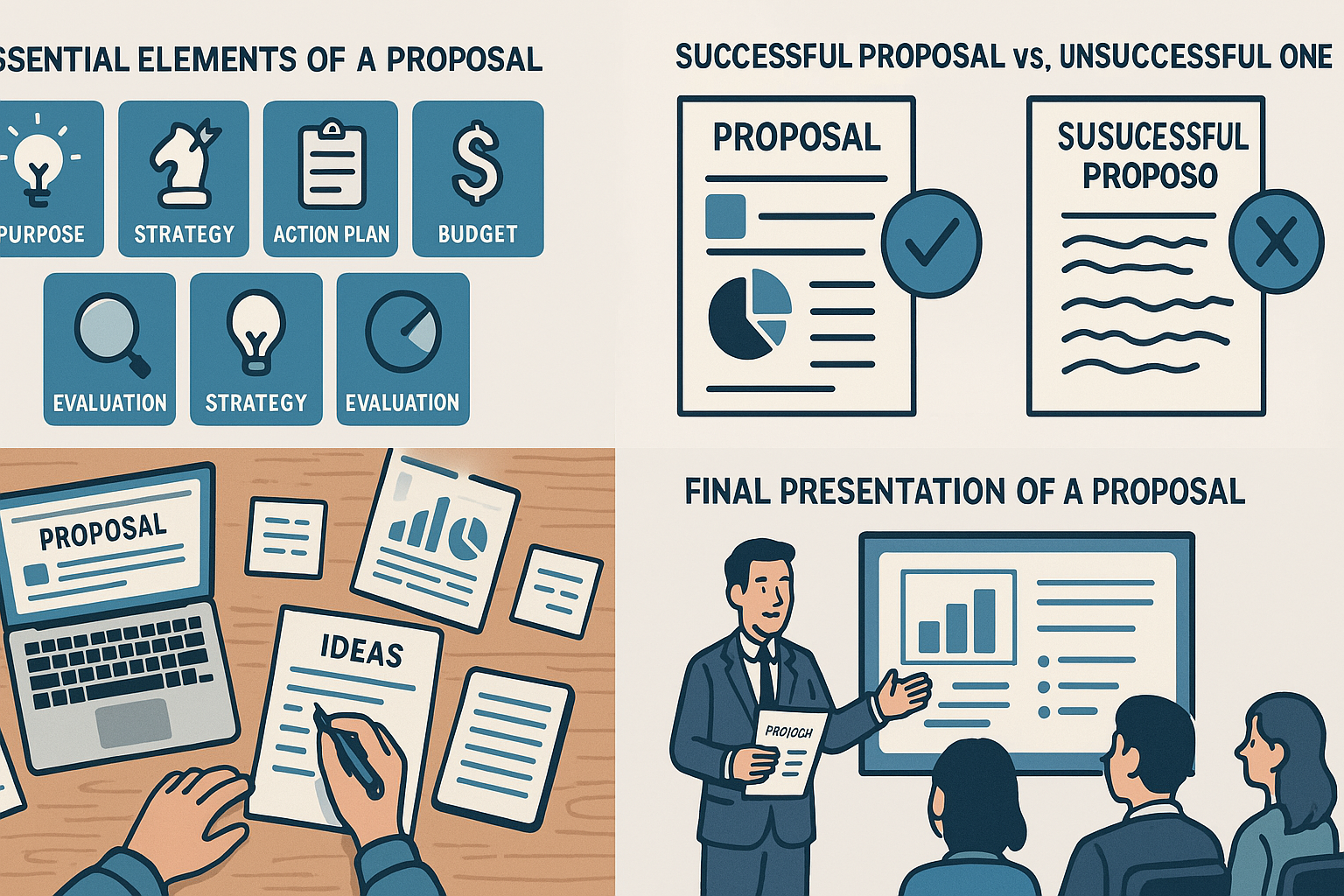 「Final Presentation of a Proposal」 Description: A confident presenter showing a completed proposal on a screen in a business meeting setting, with charts and bullet points.