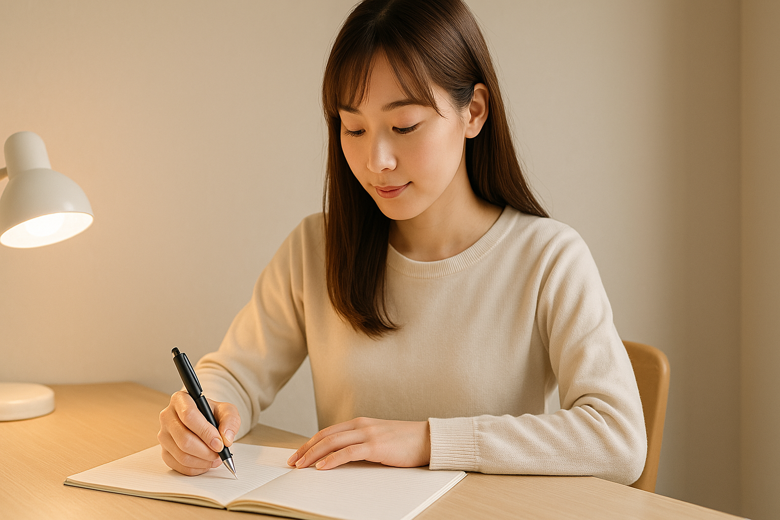 A young woman or student sitting at a clean desk, writing with a pen in good posture. The desk is well-lit with a small lamp, and the writing hand is relaxed, showing good pen grip and a peaceful mood.