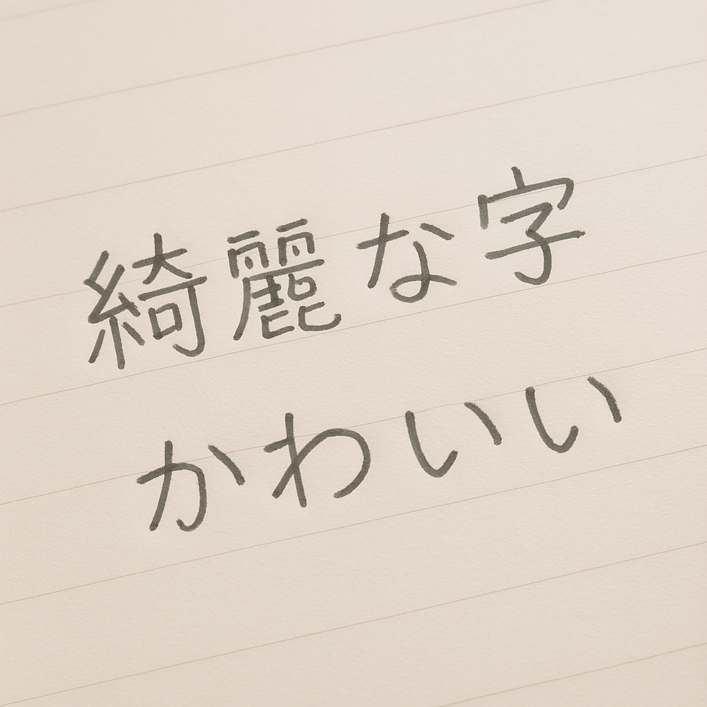 A soft, handwritten note on a clean notebook page. The handwriting is slightly rounded but very neat, showcasing the balance between cuteness and cleanliness. The words could be something simple like "綺麗な字" or "可愛い".
