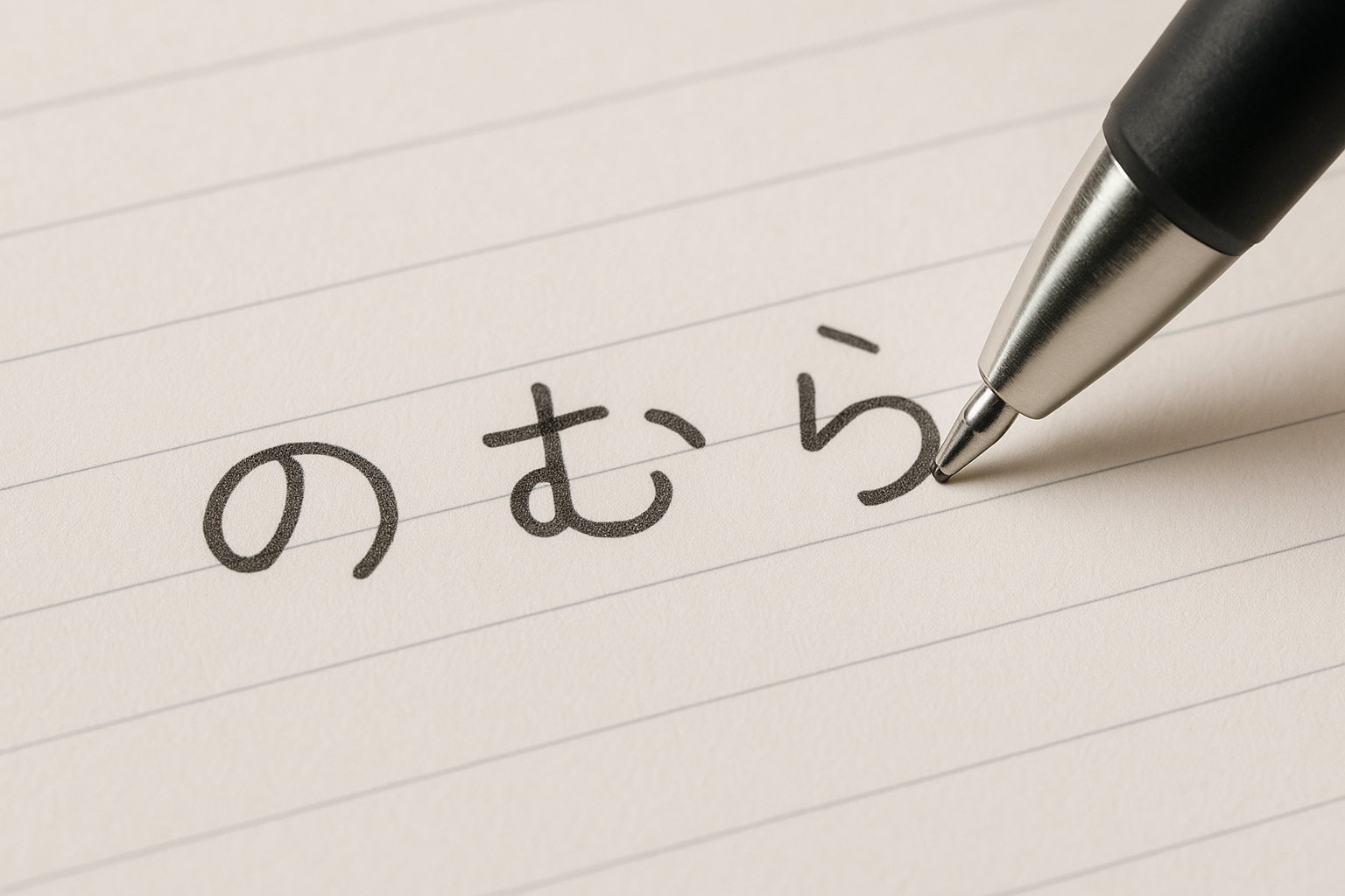 Close-up of a notebook page showing how to write rounded hiragana characters like "の", "む", and "ら". The strokes are slightly curved, showing the difference between stiff and softly-rounded styles. A pen is shown mid-writing.
